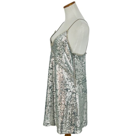 Mango Silver Sequin & Mesh Trim V-Neck Spaghetti Strap Mini Party Cocktail Dress - Picture 6 of 16
